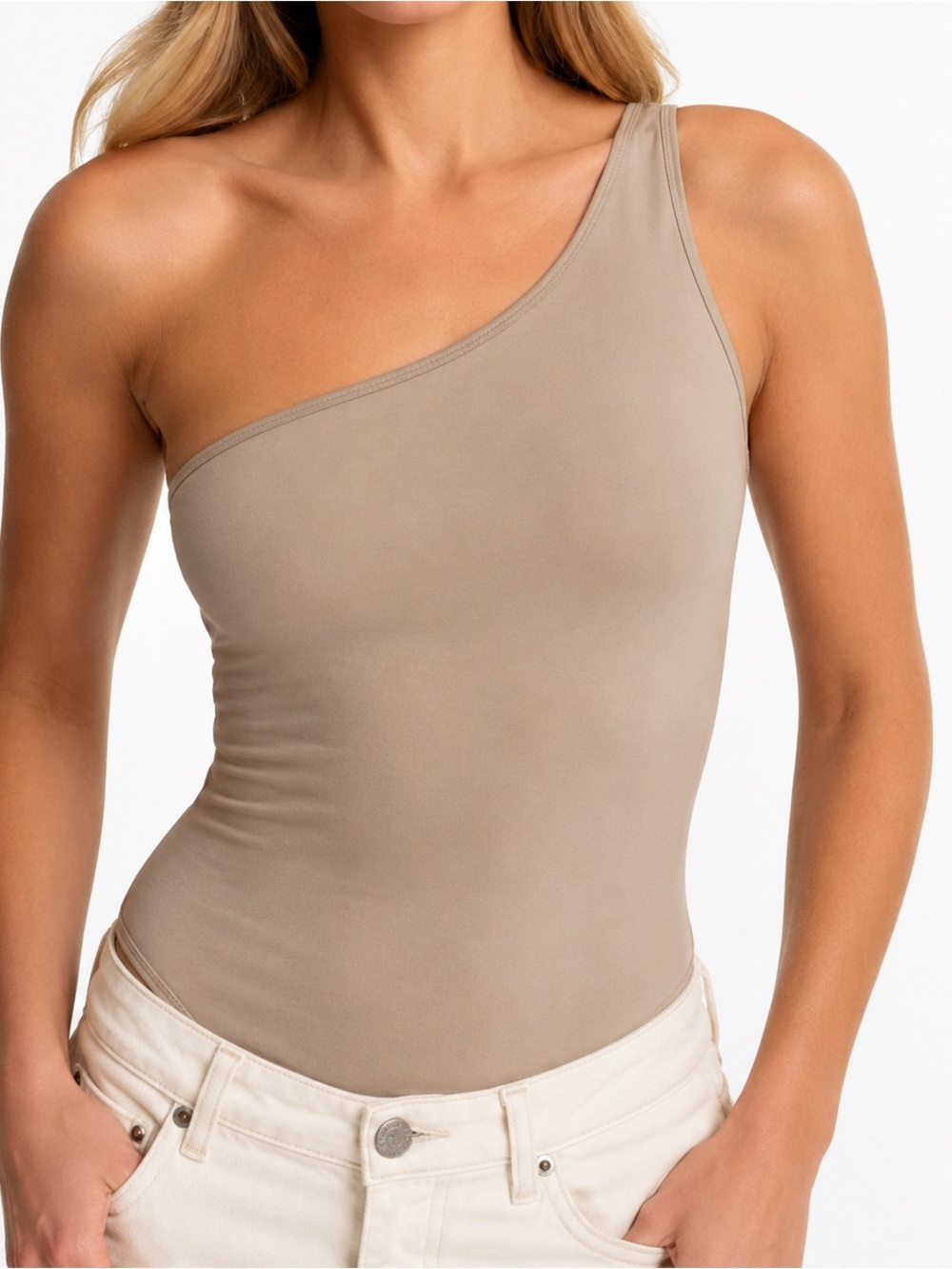 Abercrombie & Fitch Soft A&F One Shoulder Bodysuit Taupe Tan Small Stretchy NWOT
